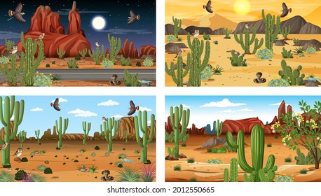 Different desert forest scenes with animals and plants illustration