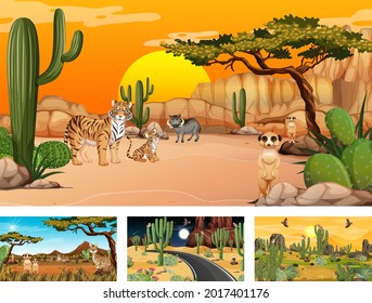 Different desert forest scenes with animals and plants illustration