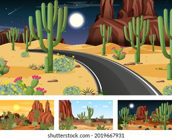 Different desert forest scenes with animals and plants illustration