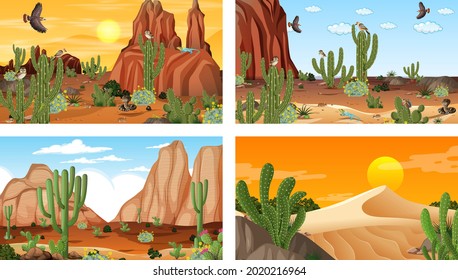 Different desert forest scenes with animals and plants illustration