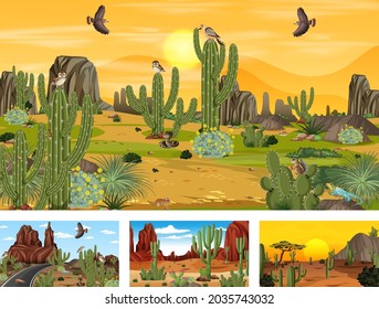 Different desert forest scenes with animals and plants illustration