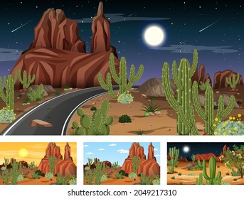 Different desert forest scenes with animals and plants illustration