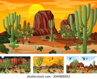 Different desert forest scenes with animals and plants illustration