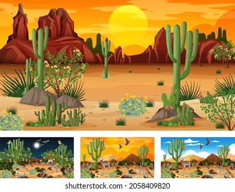 Diferentes escenas forestales del desierto con ilustraciones de animales y plantas