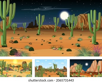 Different desert forest scenes with animals and plants illustration