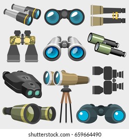 Different design binocular glasses look-see military, travel zoom search ocular equipment vector illustration