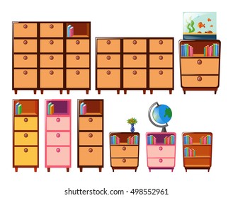 Different design of bookshelves illustration