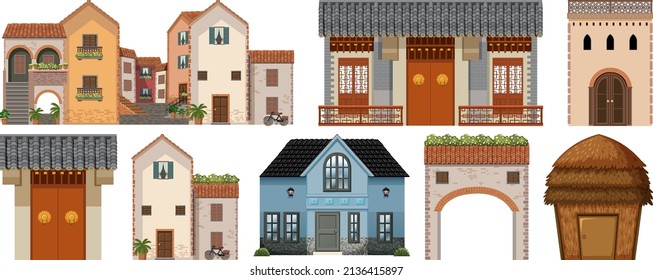 Different design of buildings on white background illustration