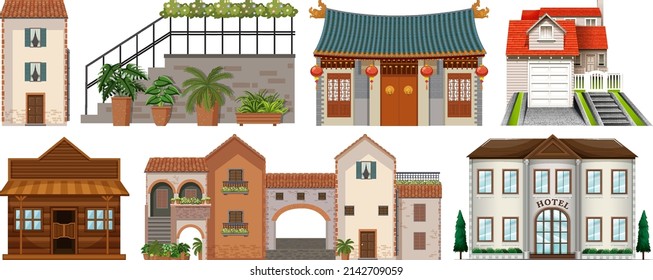 Different design of buildings on white background illustration