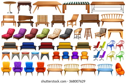 Different design of chairs and table illustration