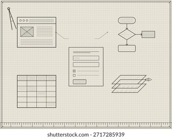 Diferentes componentes de design são dispostos em papel gráfico. Isso inclui um wireframe, layout de formulário, fluxograma e grade para mostrar um processo de desenvolvimento da Web. As ferramentas sugerem planejamento e organização.