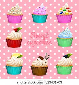 Diferente diseño de la ilustración de cupcakes