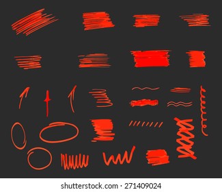 Different design elements, brush strokes isolated on grey background. Set of unusual symbols and elements to customize your project or for drawing. VEctor illustration
