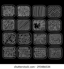 Different design elements. Doodles and scribbles in squares. Vector illustration.