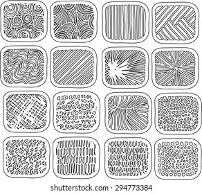 Different design elements. Doodles and scribbles in squares. Vector illustration.