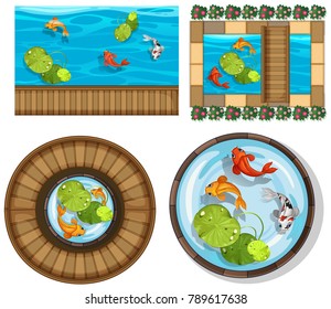 Different design of pool with fish illustration