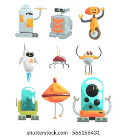 Different Design Public Service Robots Set Of Colorful Cartoon Androids Isolated Drawings
