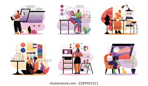 Different designers set. Creative men and women create interior, UI, UX, clothing, graphics and web designs. Freelancers or remote workers. Cartoon flat vector collection isolated on white background