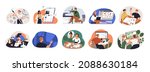 Different designers set. Creative people at laptop computers and desks work with graphic, fashion, interior, landscape, 3d and UI UX designs. Flat vector illustrations isolated on white background