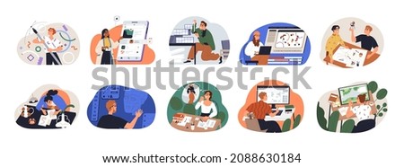 Different designers set. Creative people at laptop computers and desks work with graphic, fashion, interior, landscape, 3d and UI UX designs. Flat vector illustrations isolated on white background