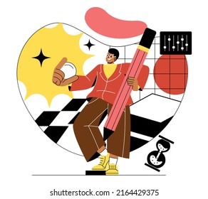 Different designers set. Man with pencil evaluates graphic elements. Interface development for websites and applications. Freelancer or remote employee evaluates work. Cartoon flat vector illustration