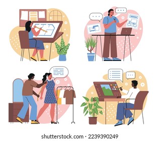 Different designers set. Men and women engaged in interior or furniture design, sewing fashionable clothes and creating graphic digital product. Cartoon flat vector collection isolated on white