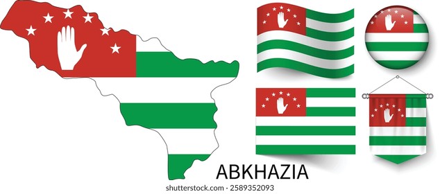 The different designs of Abkhazia's national flags and the map showing Abkhazia's borders