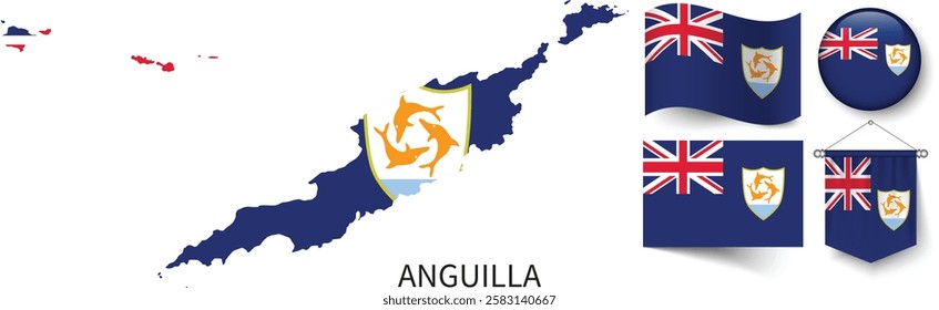 The different designs of Anguilla's national flags and the map showing Anguilla's borders