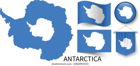 The different designs of Antarctica's national flags and the map showing Antarctica's borders