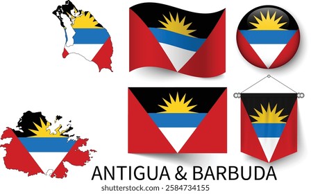 The different designs of Antigua and Barbuda's national flags and the map showing Antigua and Barbuda's borders