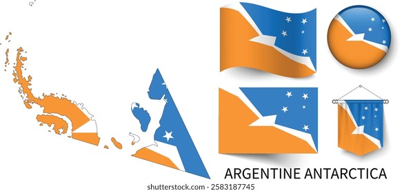 The different designs of Argentine Antarctica's national flags and the map showing Argentine Antarctica's borders