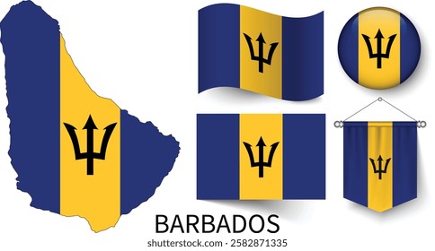 The different designs of Barbados's national flags and the map showing Barbados's borders