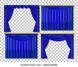 Different designs of blue curtains isolated illustration