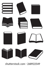 Different designs for books. Black and white vector icon illustration isolated on white background.