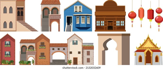Different designs of buildings around the world illustration