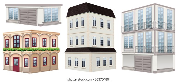 Different designs of buildings illustration