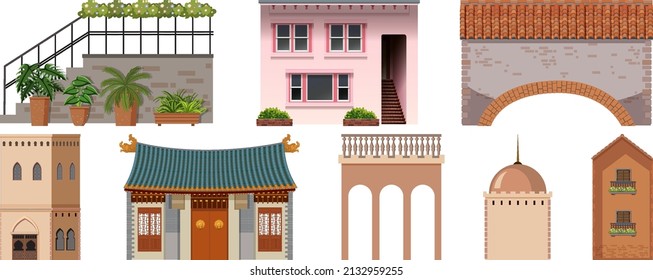 Different designs of buildings on white background illustration