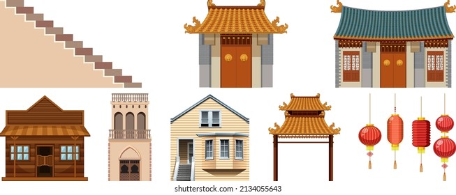Different designs of buildings on white background illustration