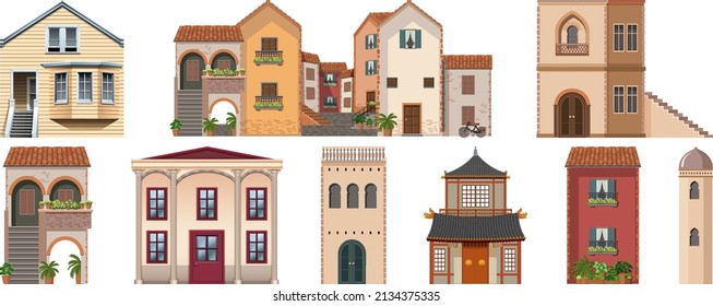 Different designs of buildings on white background illustration