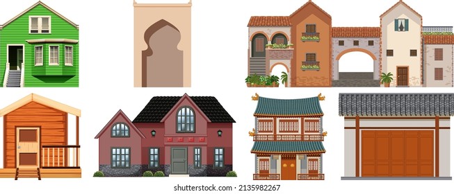 Different designs of buildings on white background illustration