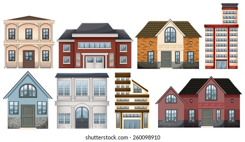 Different designs of buildings on a white background