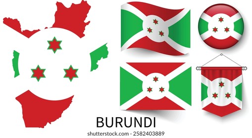 The different designs of Burundi's national flags and the map showing Burundi's borders