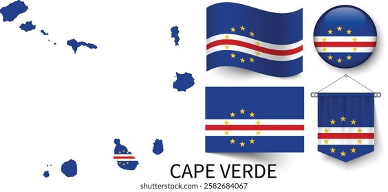 The different designs of Cape Verde's national flags and the map showing Cape Verde's borders