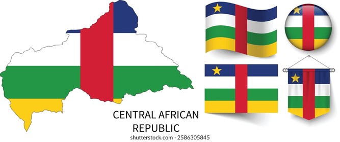 The different designs of Central African Republic's national flags and the map showing Central African Republic's borders