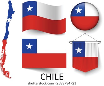 The different designs of Chile's national flags and the map showing Chile's borders