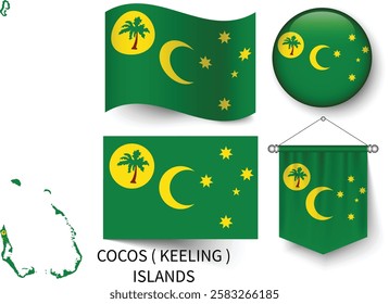 The different designs of Cocos Islands's national flags and the map showing Cocos Islands's borders