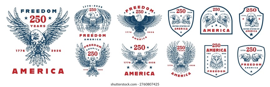 Different designs commemorating 250 years of freedom in America. The designs feature eagles and symbols representing the nation's history and identity.