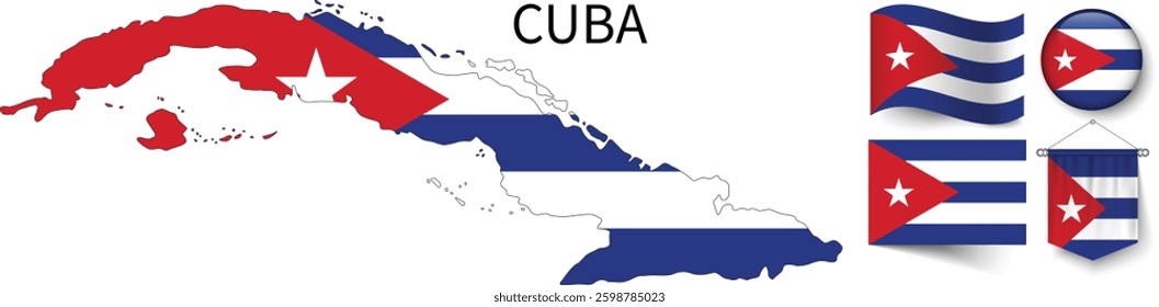 The different designs of Cuba's national flags and the map showing Cuba's borders