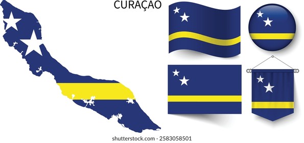 The different designs of Curacao's national flags and the map showing Curacao's borders