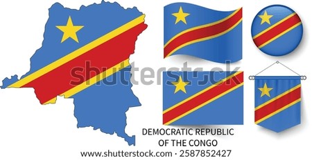 The different designs of Democratic Republic of the Congo's national flags and the map showing Democratic Republic of the Congo's borders